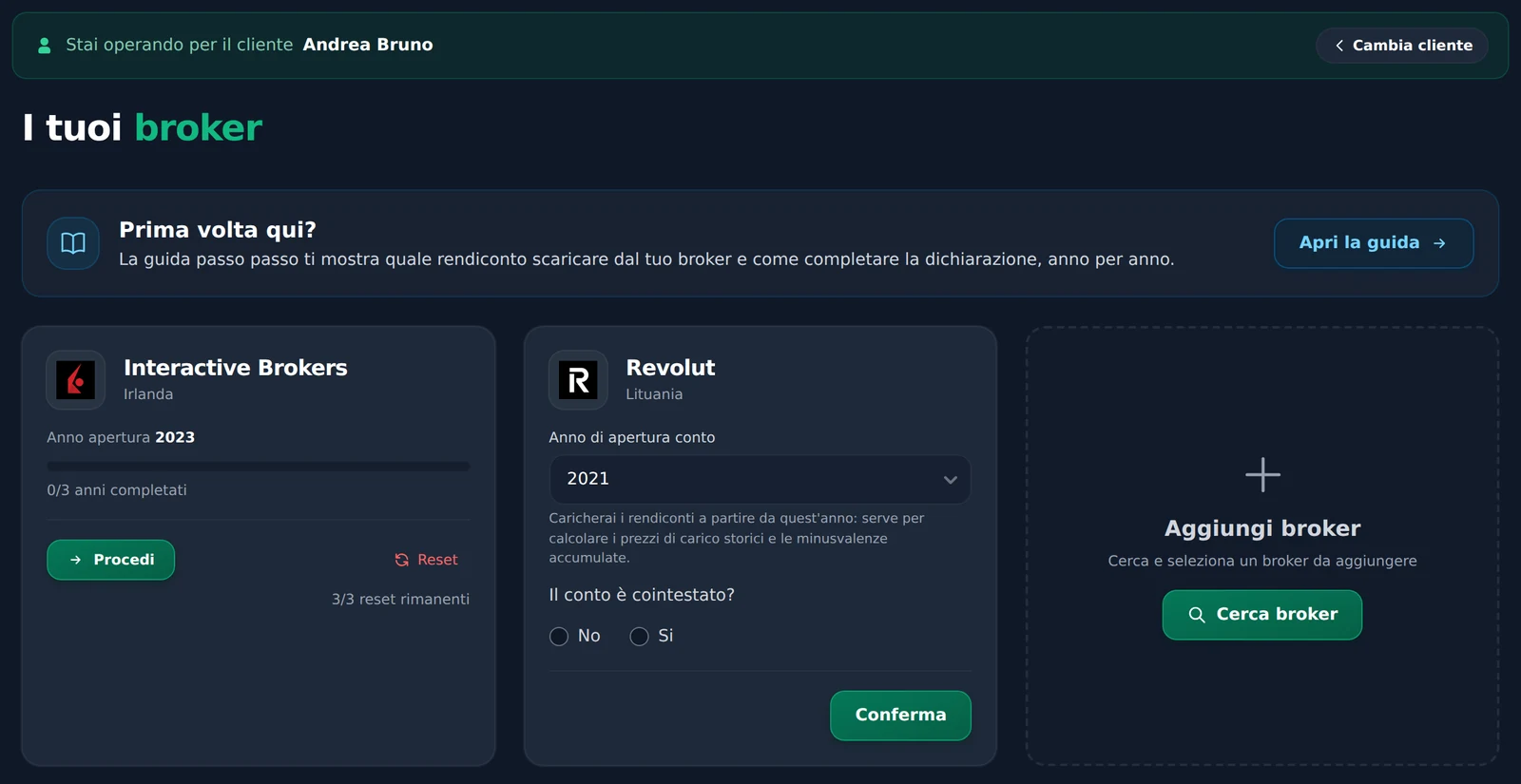 Pannello broker di un cliente, con il banner Stai operando per il cliente e le schede di Interactive Brokers e Revolut