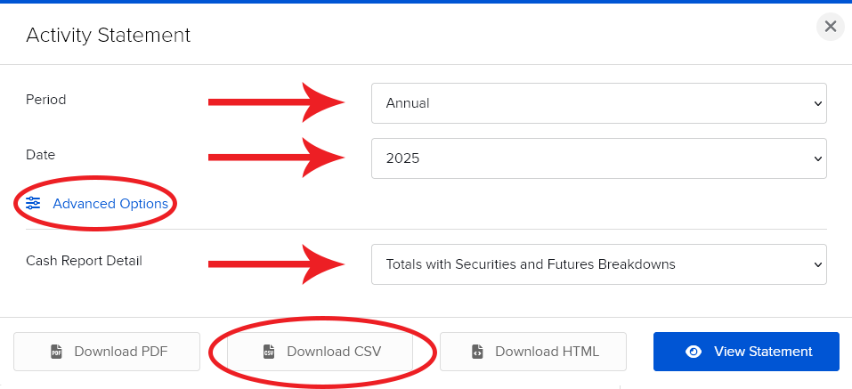 IBKR - Activity Statement con Period Annual, Cash Report Detail e Download CSV
