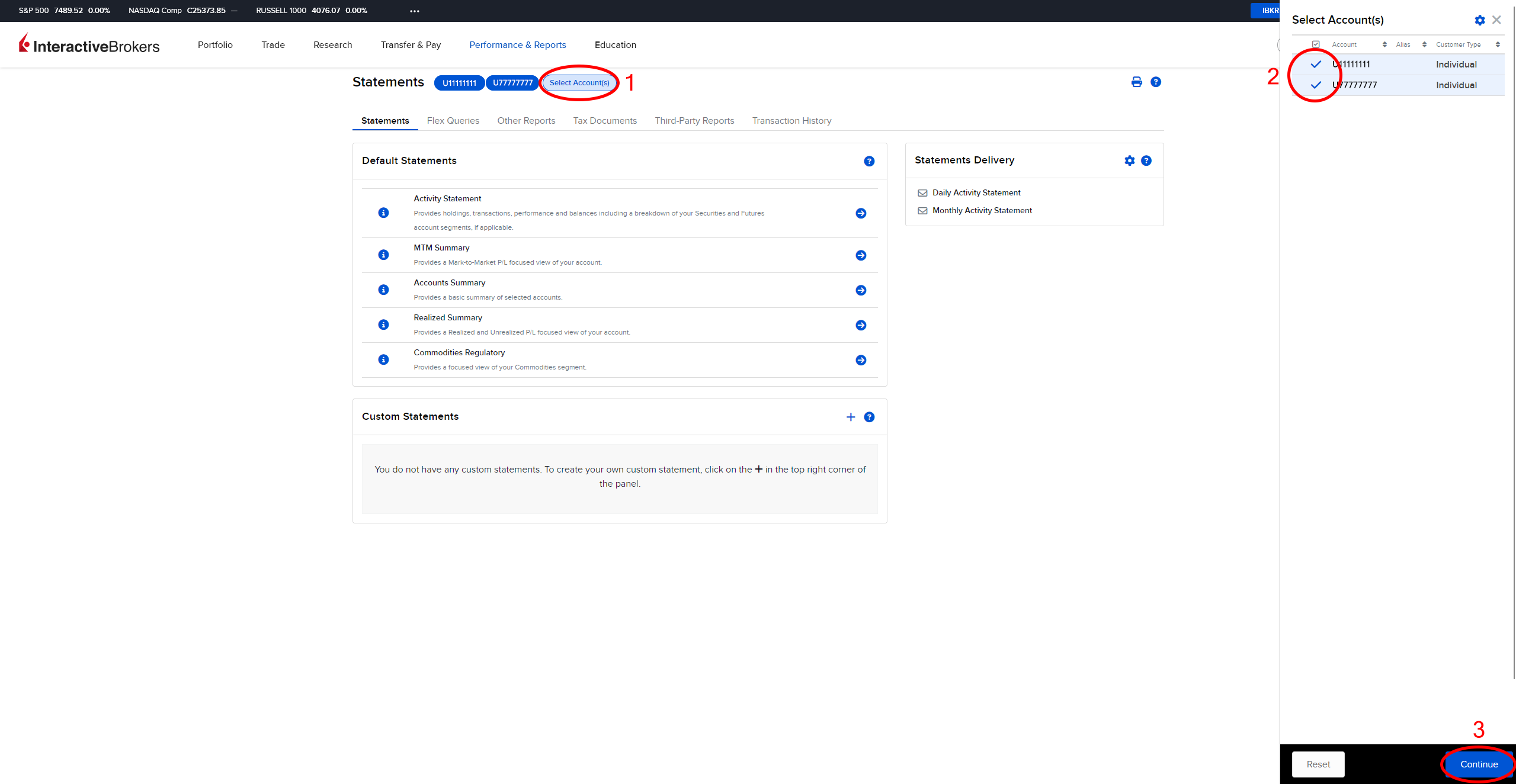 IBKR - Select Account(s), selezione conti e Continue