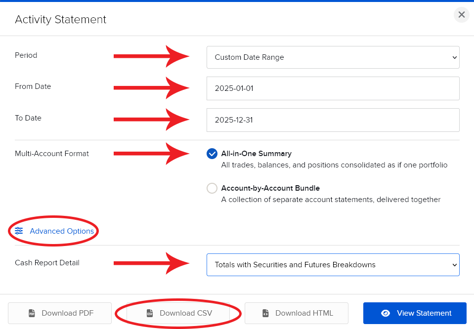 IBKR - Activity Statement con Custom Date Range, All-in-One Summary e Download CSV