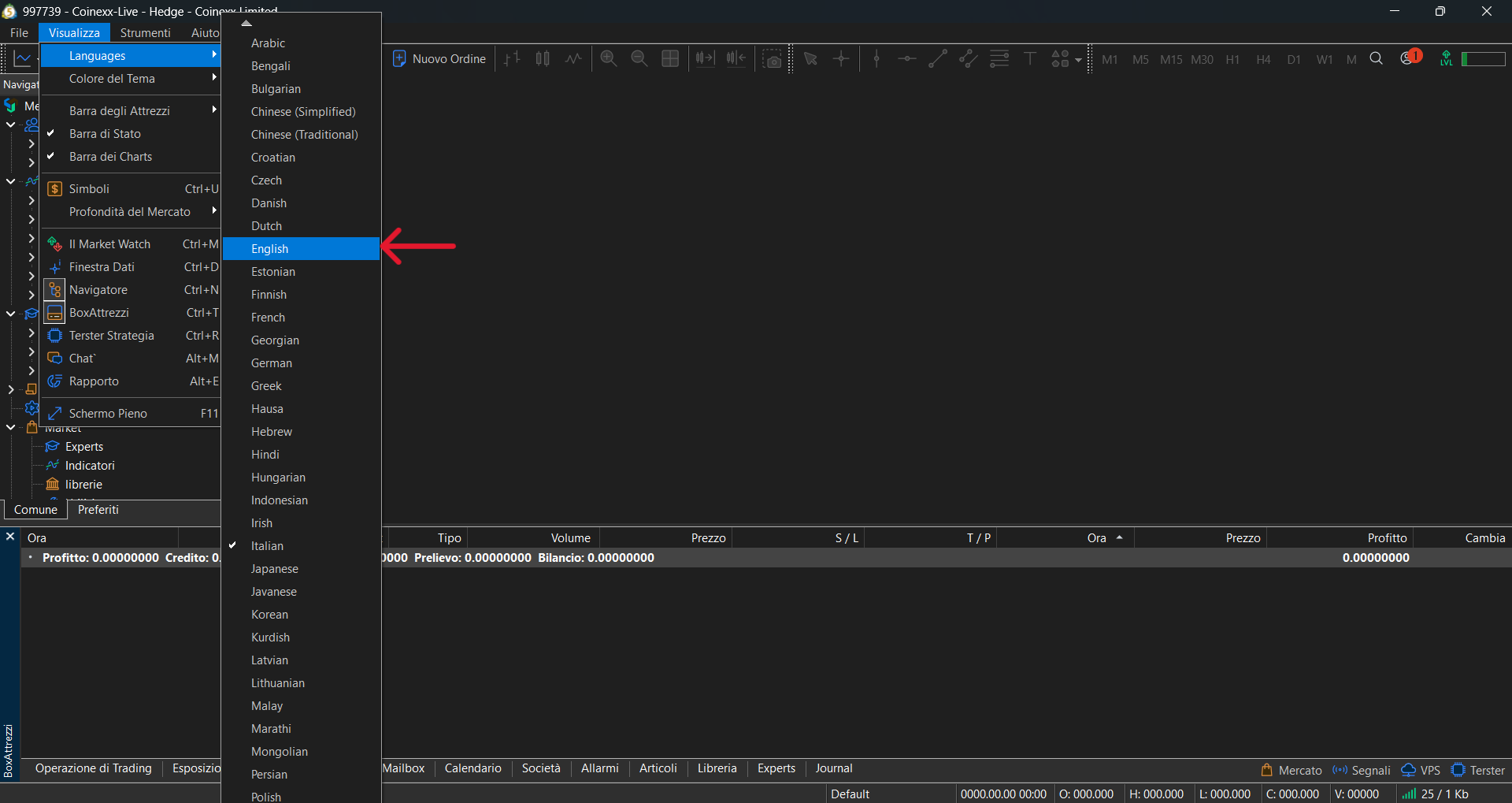 MetaTrader 5 - scheda Visualizza per modifica lingua