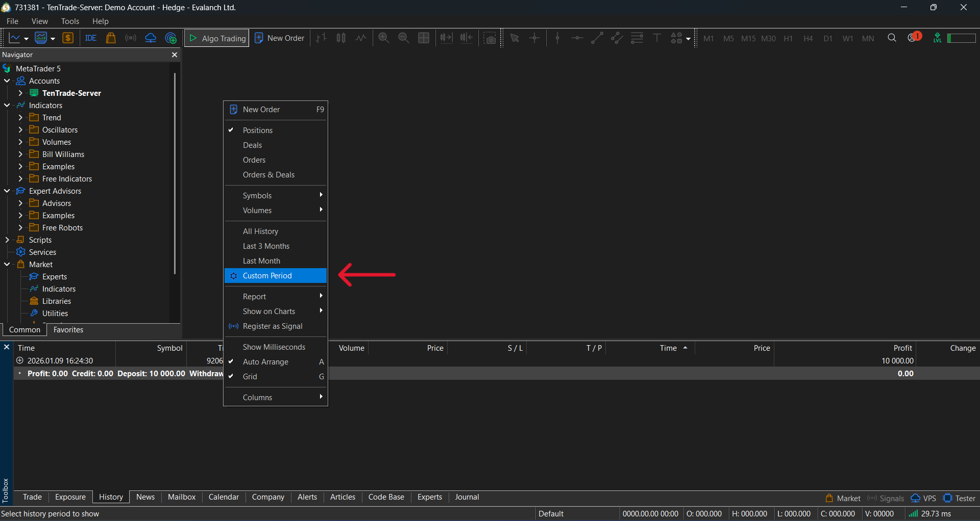 Menu contestuale con opzione Custom Period evidenziata