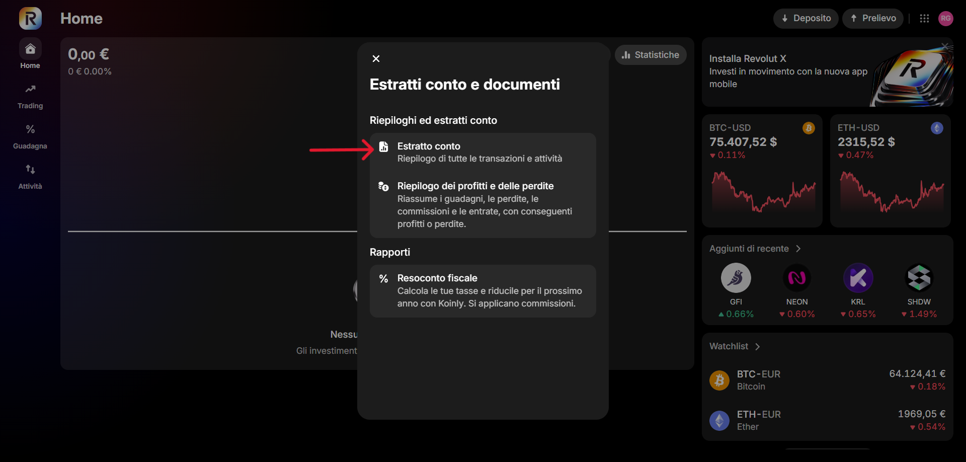 Revolut X - finestra Estratti conto e documenti con Estratto conto evidenziato