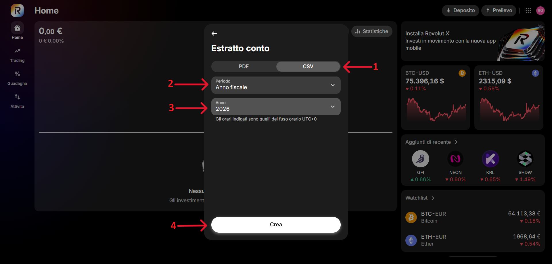 Revolut X - Estratto conto con formato CSV, Anno fiscale, Anno e pulsante Crea
