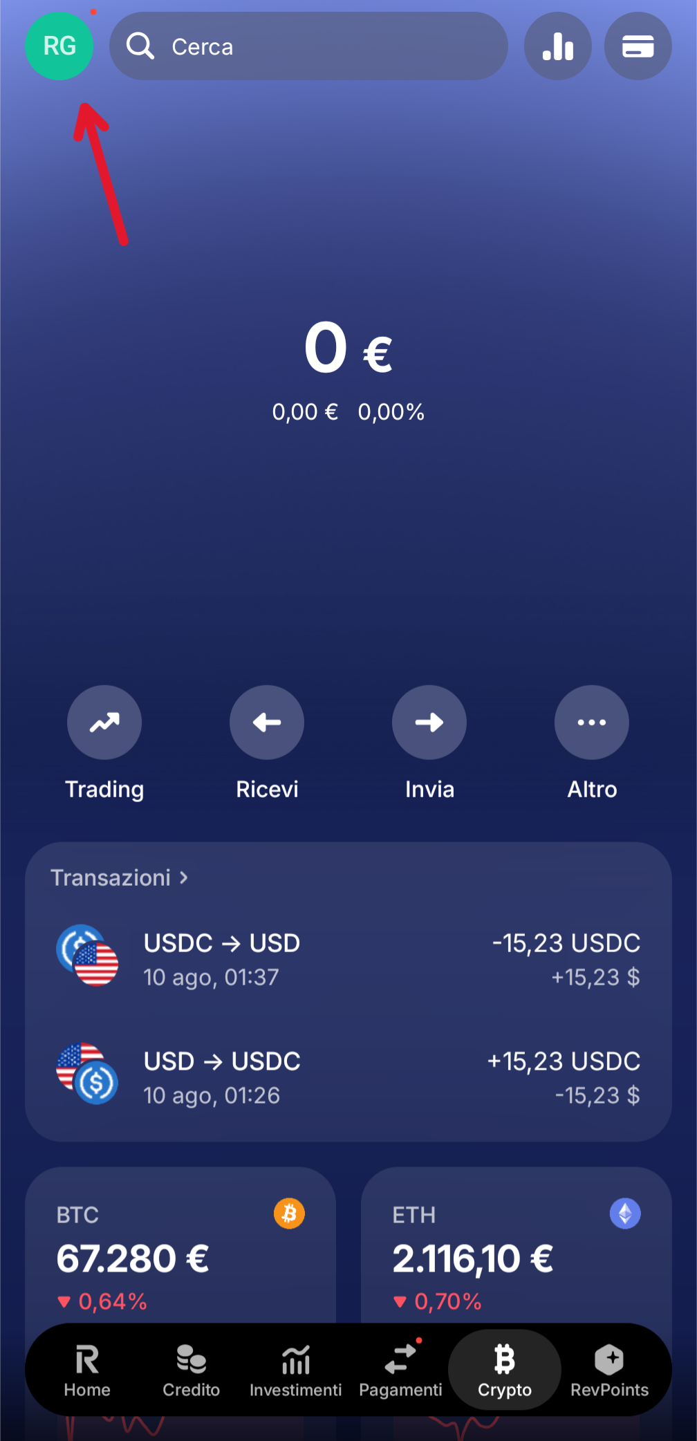 App Revolut - schermata iniziale con icona profilo in alto a sinistra