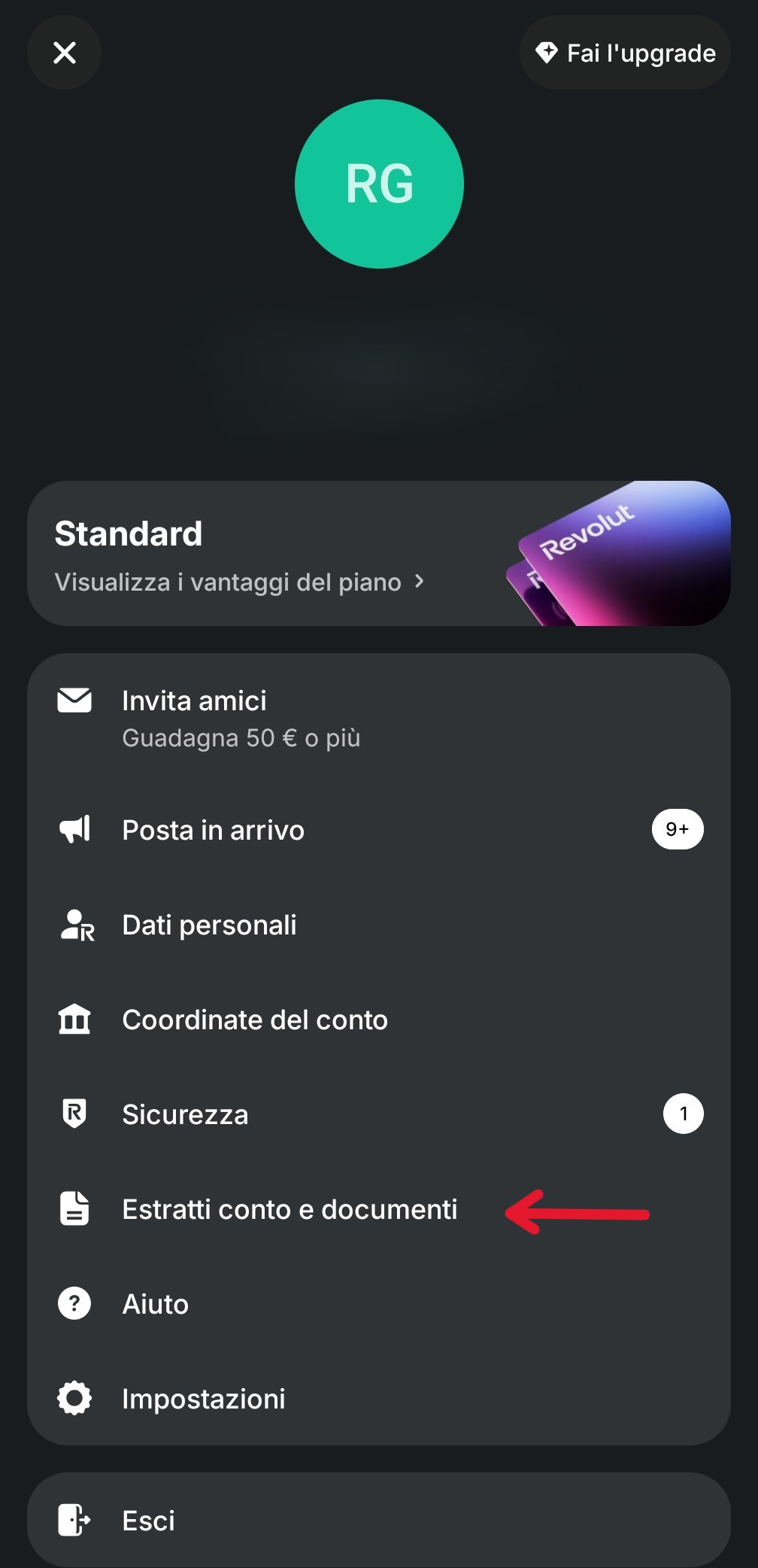 App Revolut - menu profilo con Estratti conto e documenti evidenziato