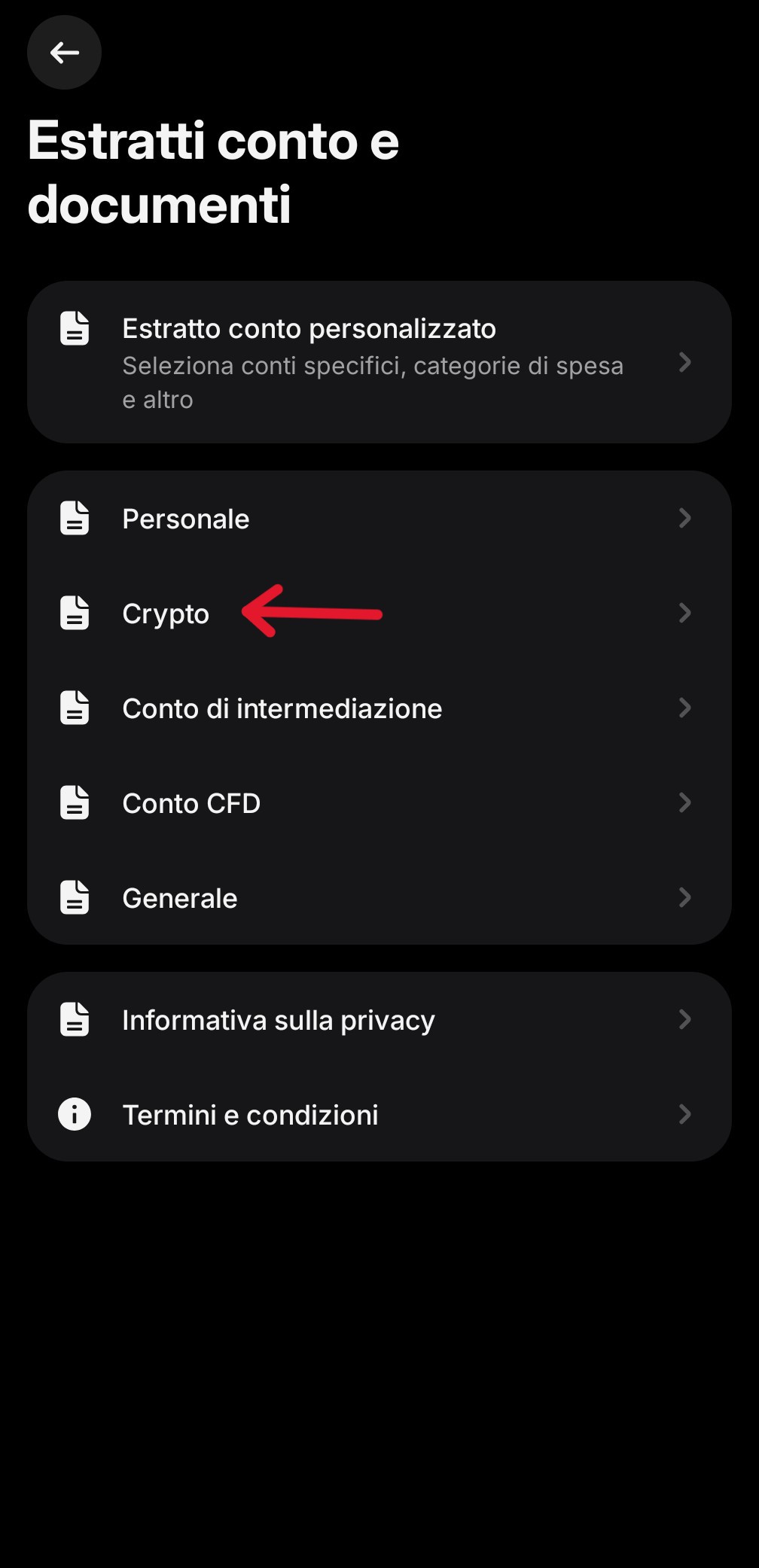App Revolut - schermata Estratti conto e documenti con Crypto evidenziato
