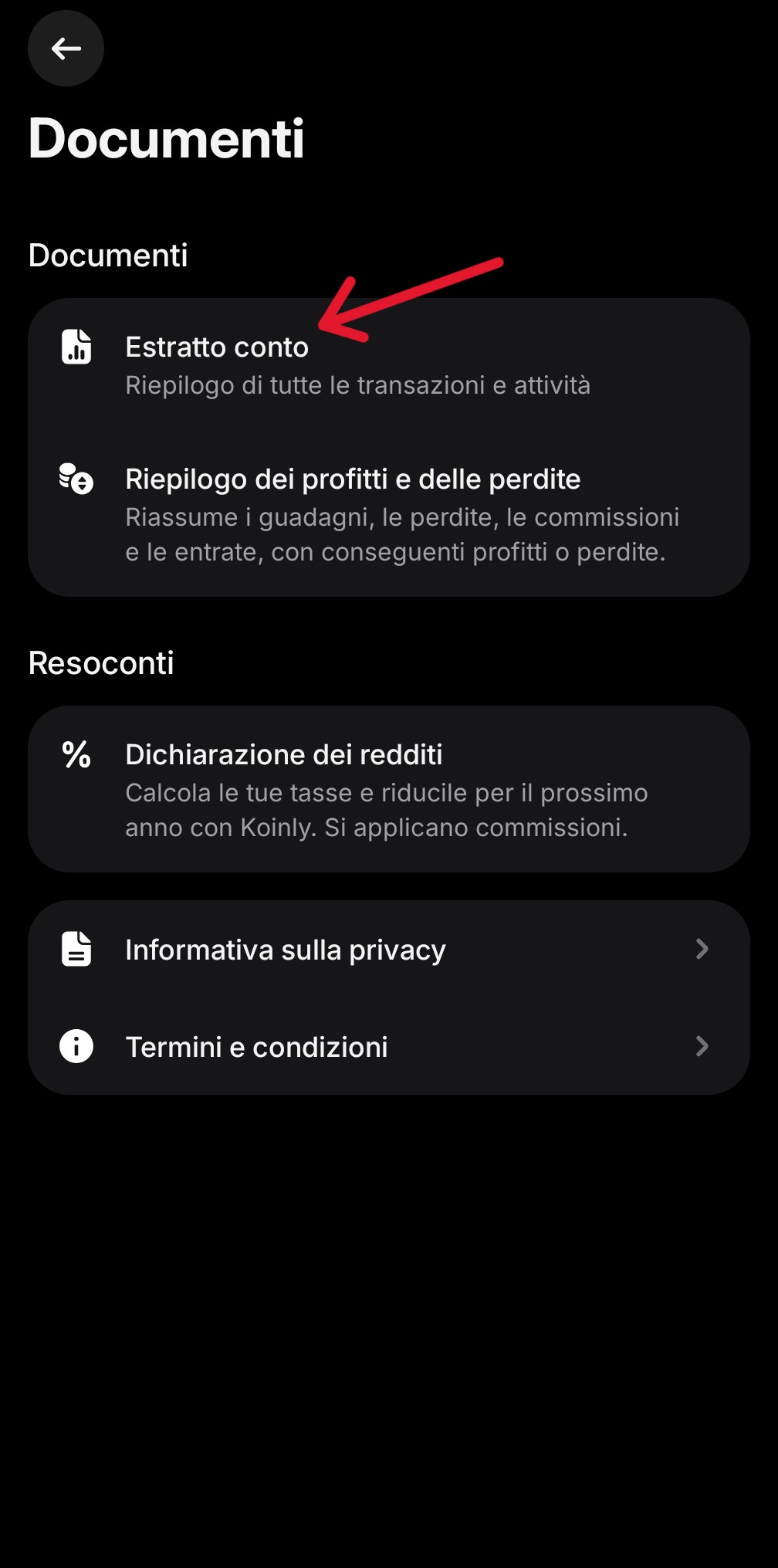 App Revolut - schermata Documenti Crypto con Estratto conto evidenziato