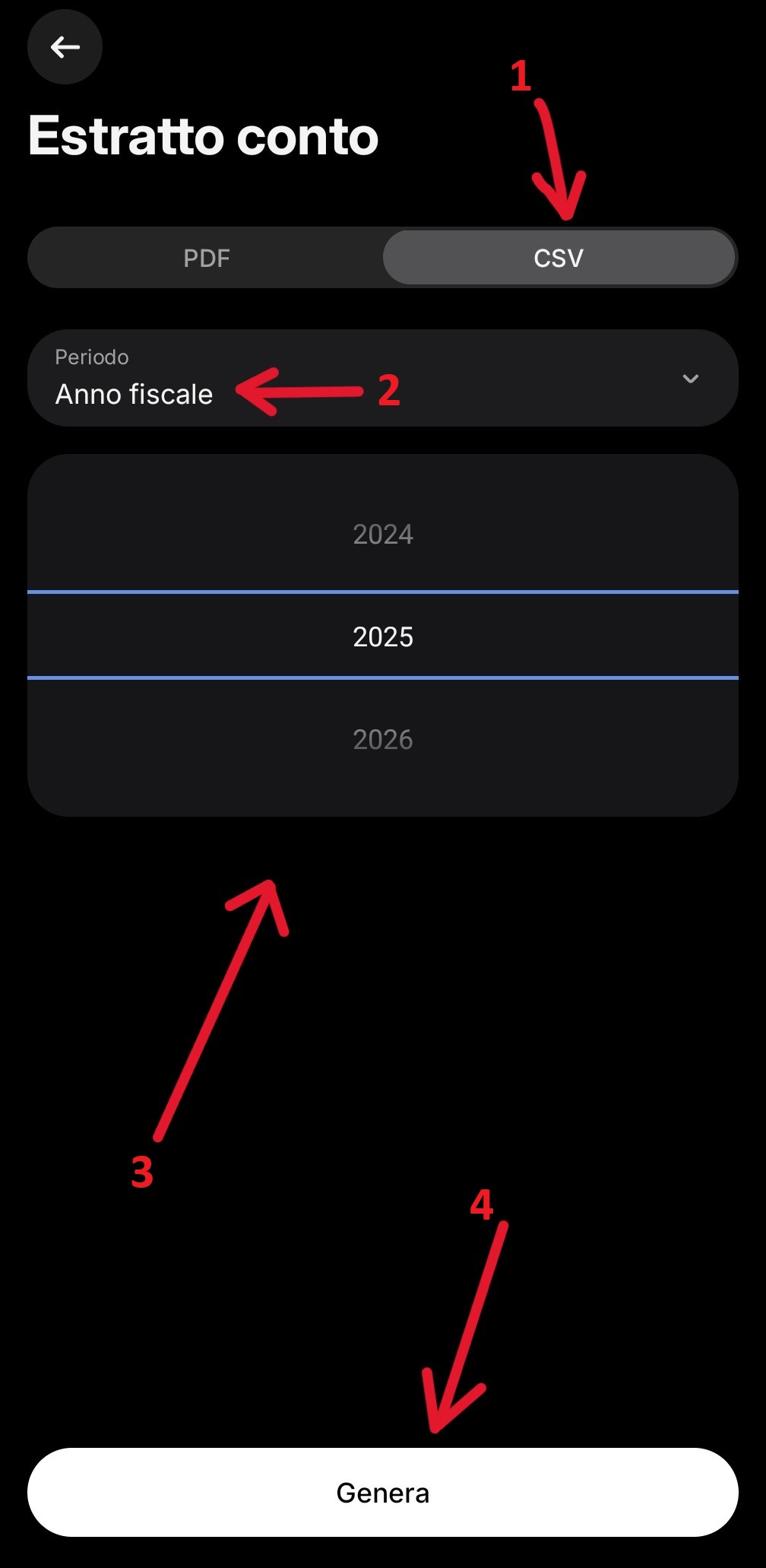App Revolut - Estratto conto crypto con formato CSV, Anno fiscale e pulsante Genera