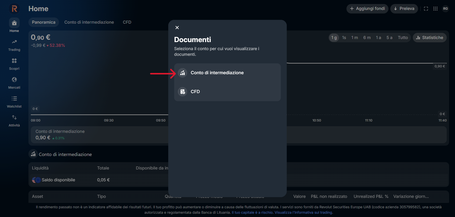 Revolut Invest - finestra Documenti con Conto di intermediazione evidenziato