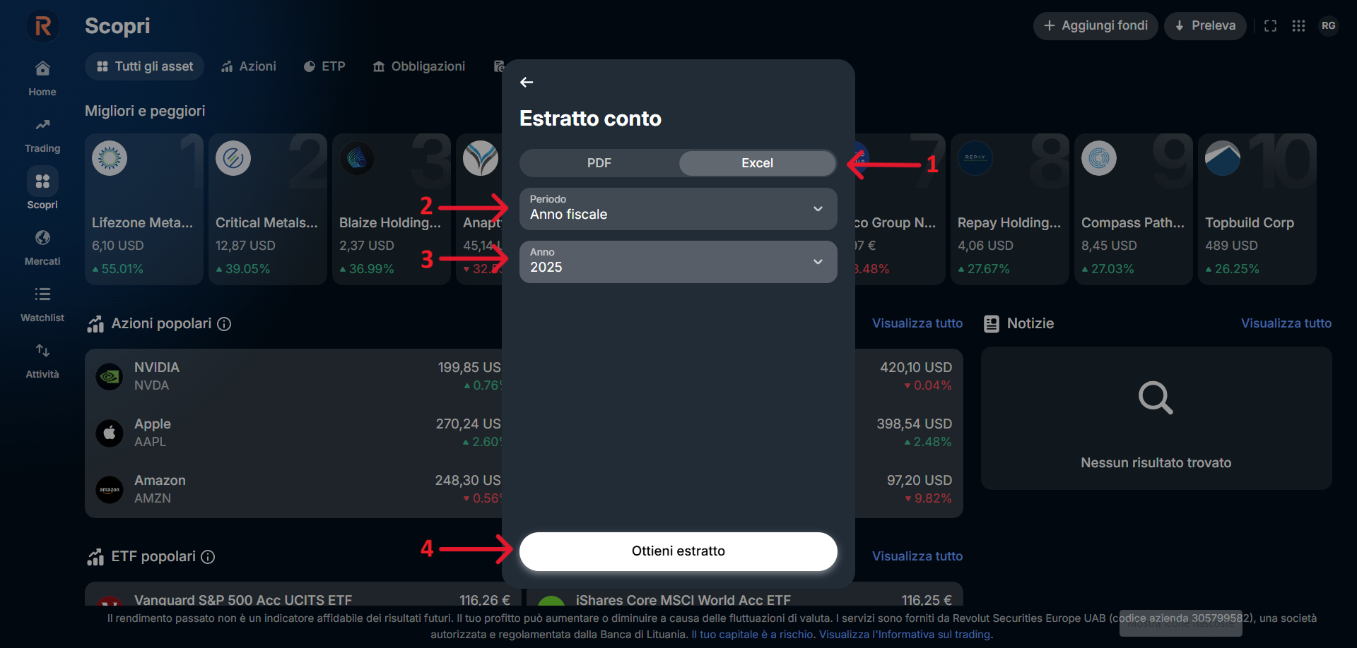 Revolut Invest - Estratto conto con formato Excel, Anno fiscale e pulsante Ottieni estratto