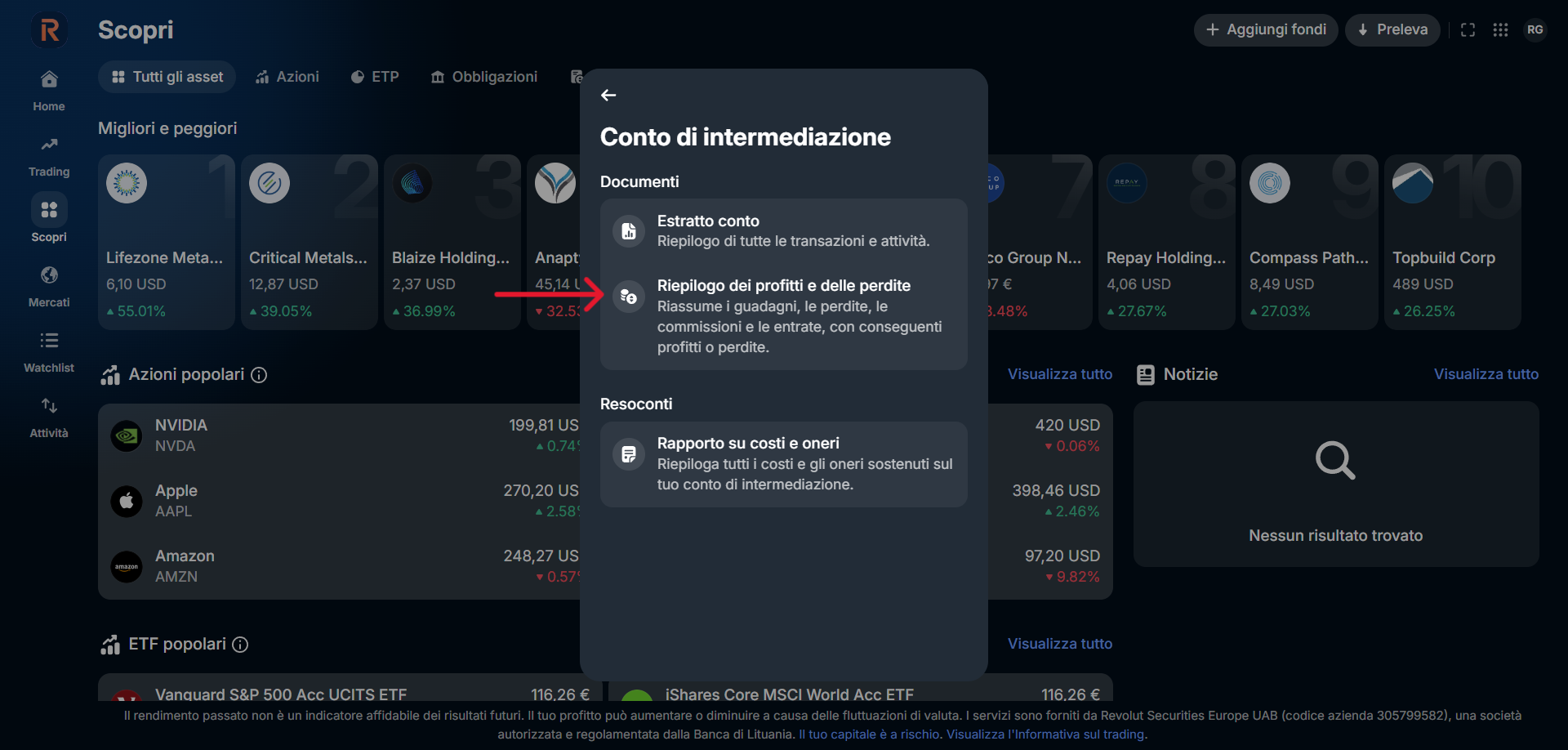 Revolut Invest - pannello Conto di intermediazione con Riepilogo profitti e perdite evidenziato