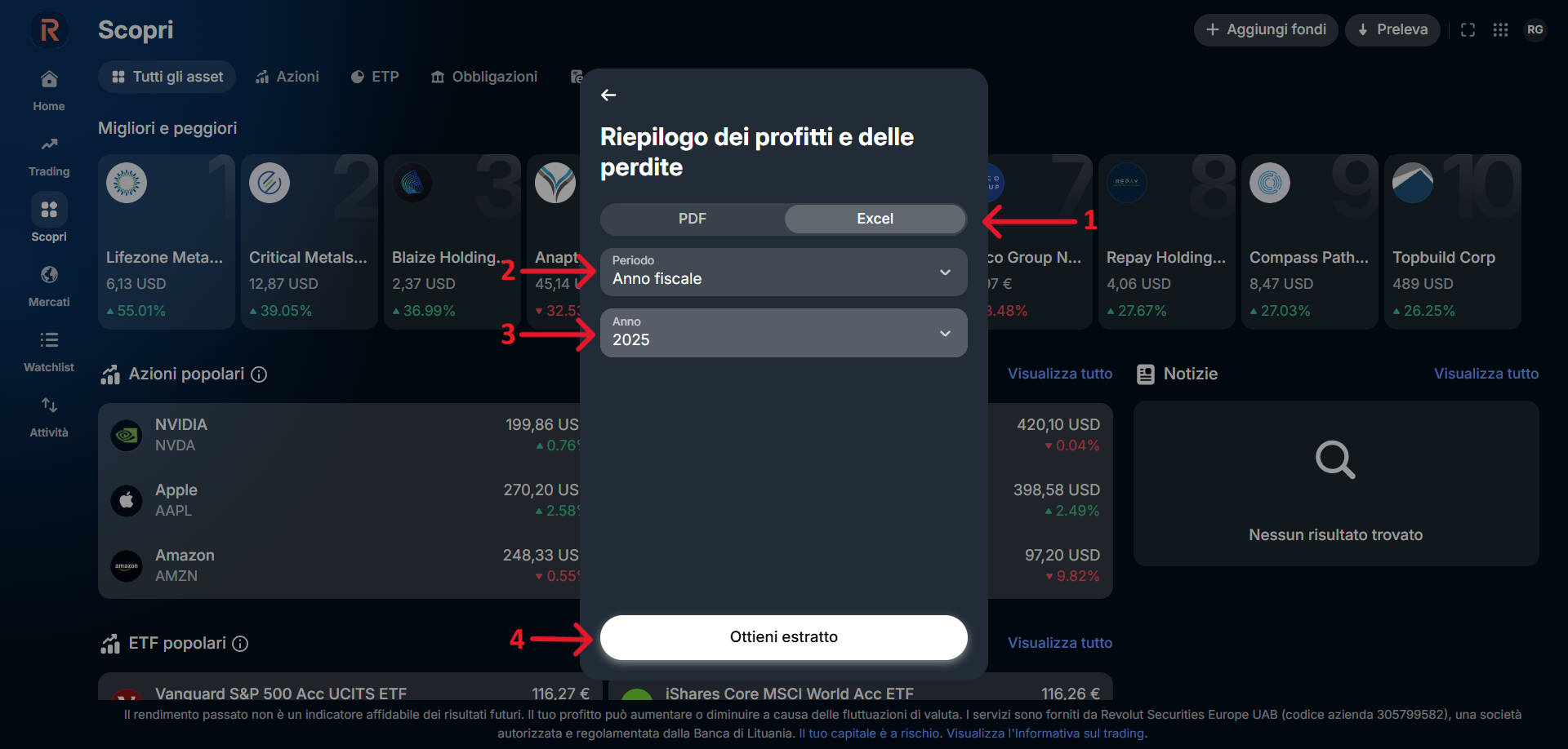 Revolut Invest - Riepilogo profitti e perdite con formato Excel, Anno fiscale e pulsante Ottieni estratto