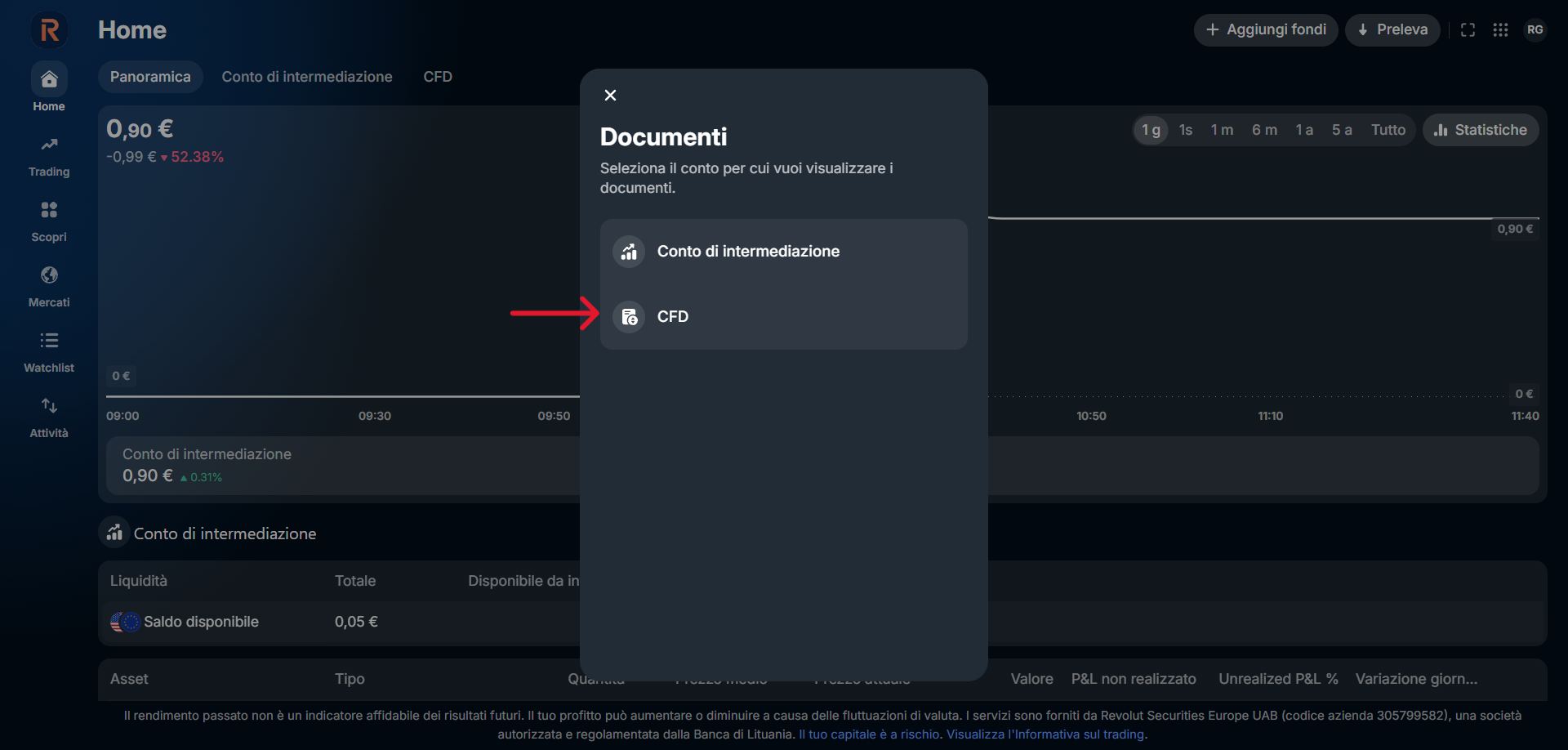 Revolut Invest - finestra Documenti con CFD evidenziato