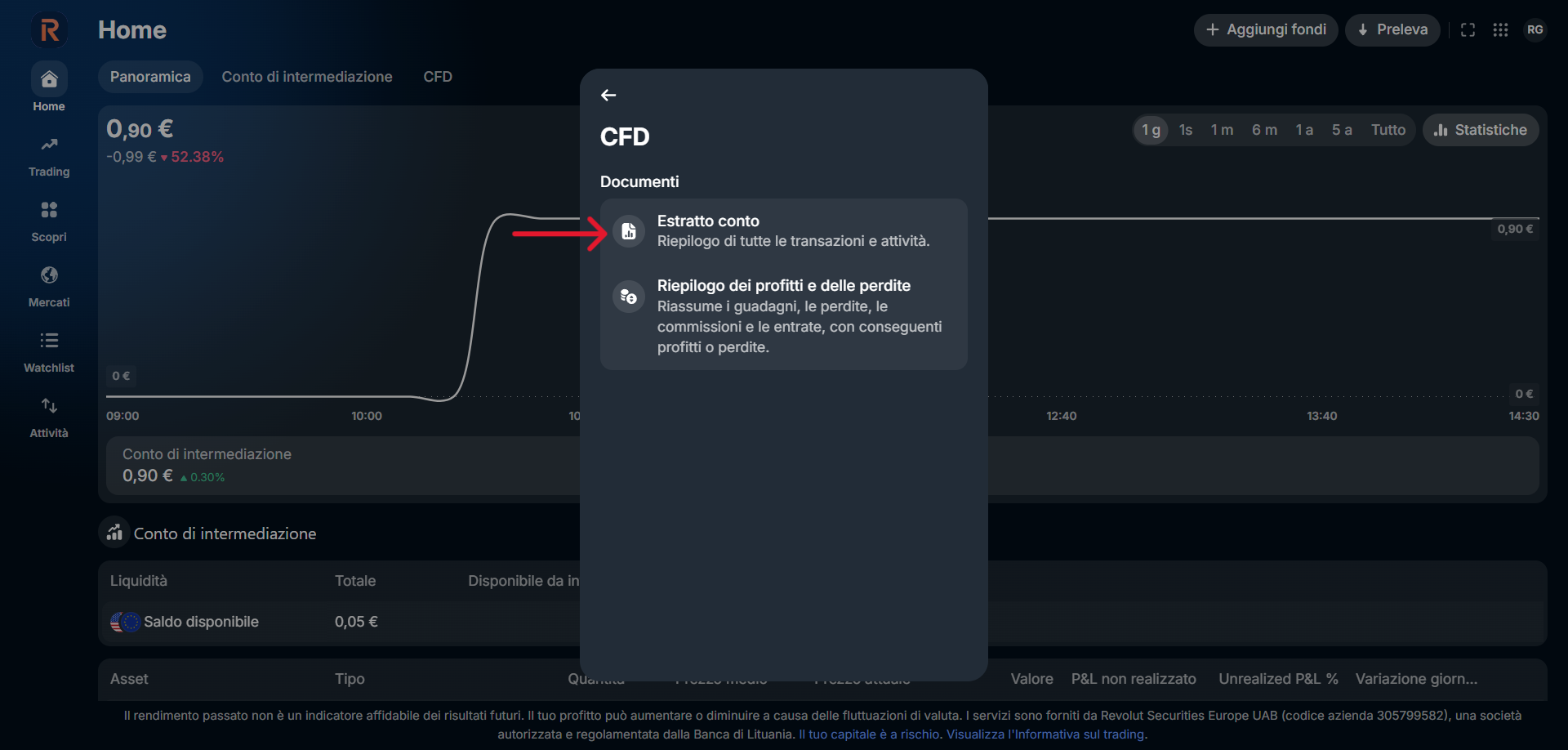 Revolut Invest - pannello CFD con Estratto conto evidenziato