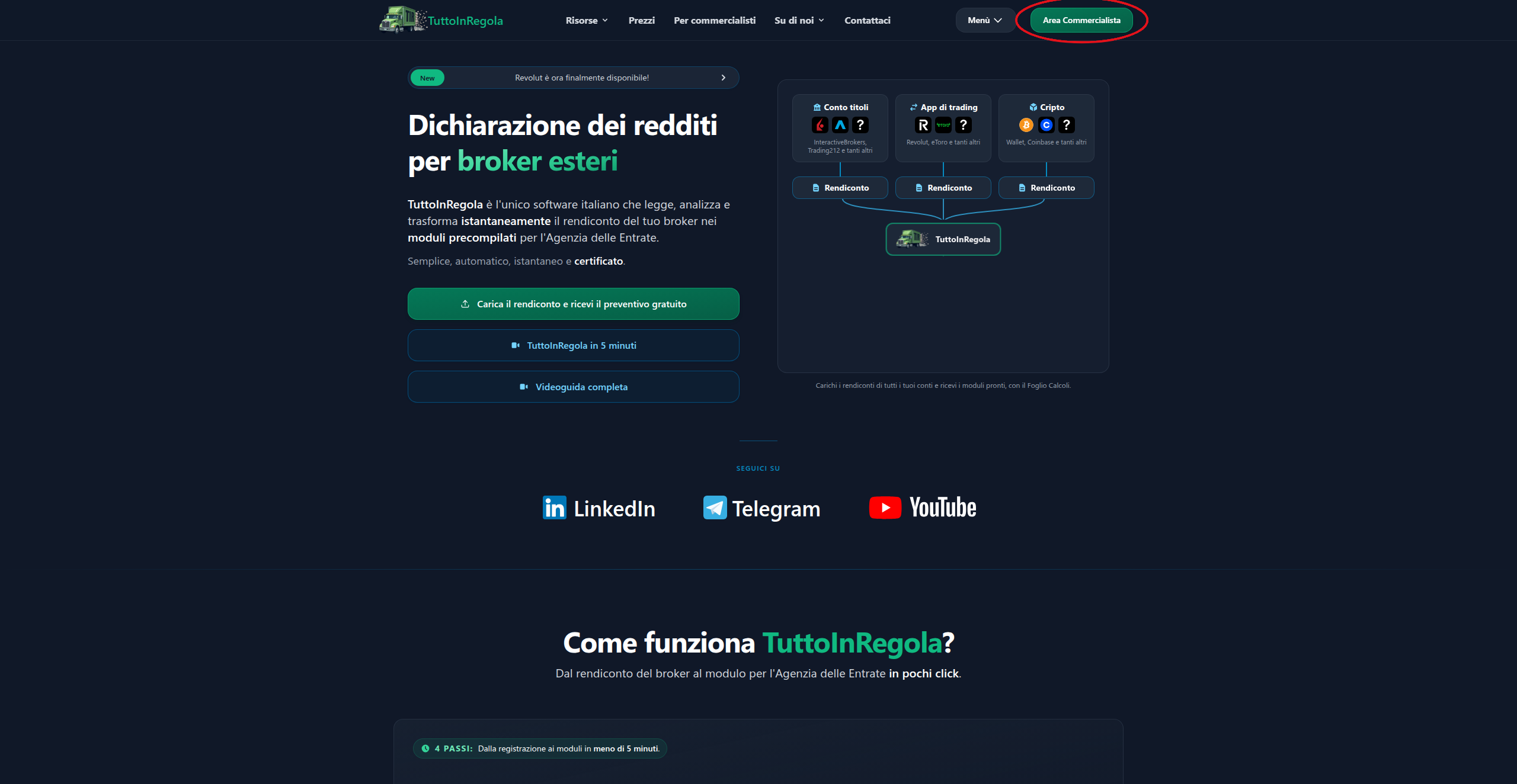 Homepage TuttoInRegola - voce Area commercialista evidenziata