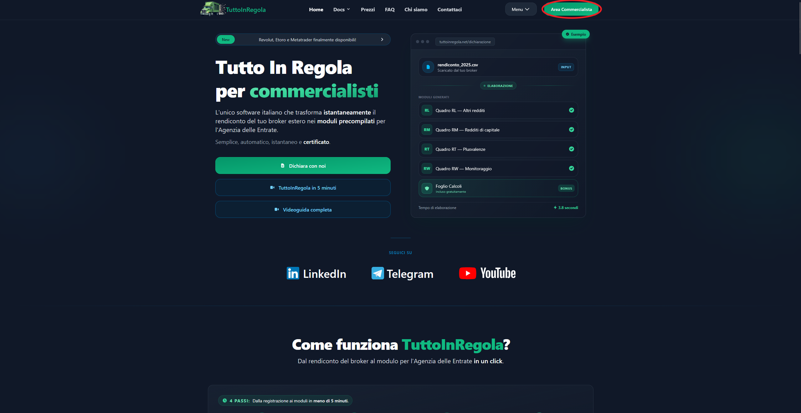 Homepage TuttoInRegola - voce Area commercialista evidenziata