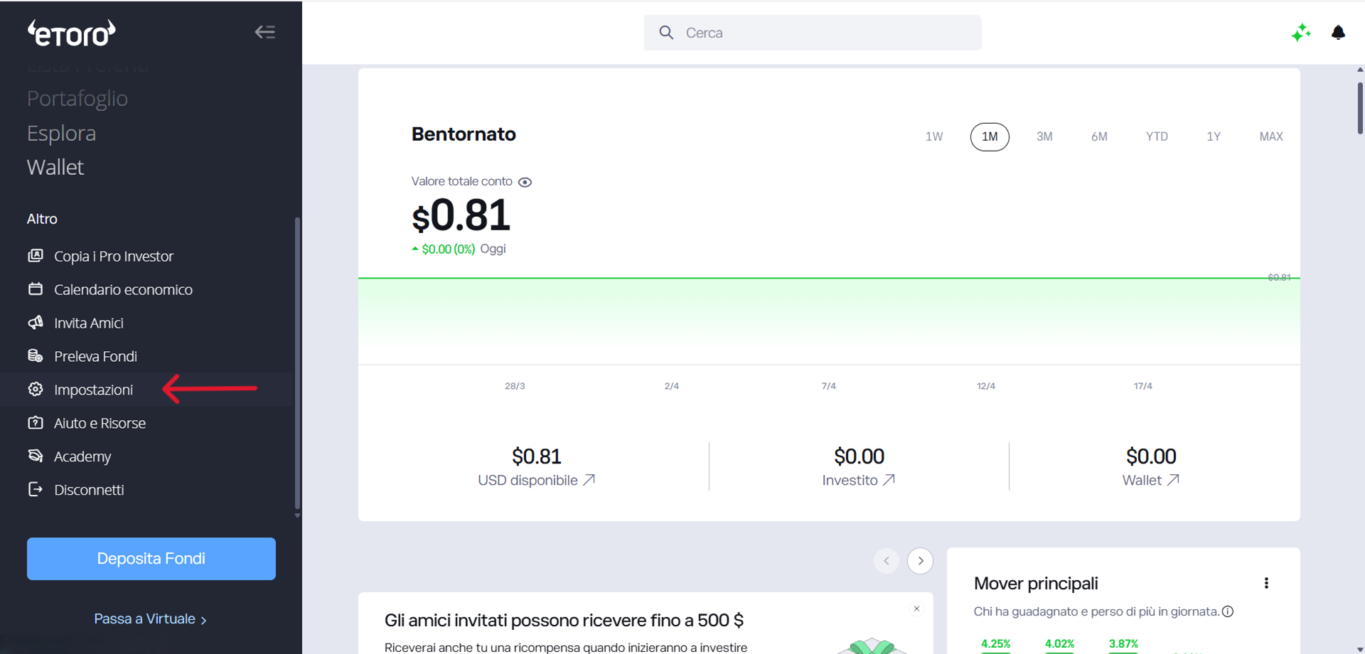 eToro - homepage in italiano con menu laterale e voce Impostazioni evidenziata