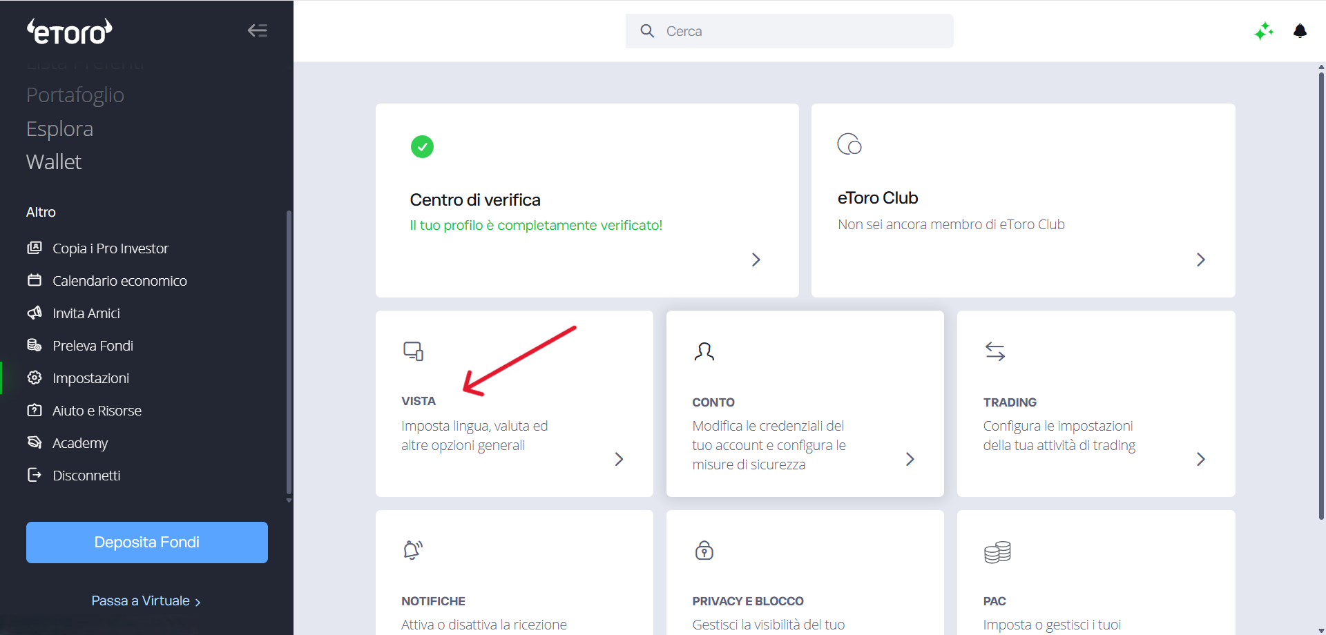 eToro - pagina Settings italiano con riquadro VISTA evidenziato