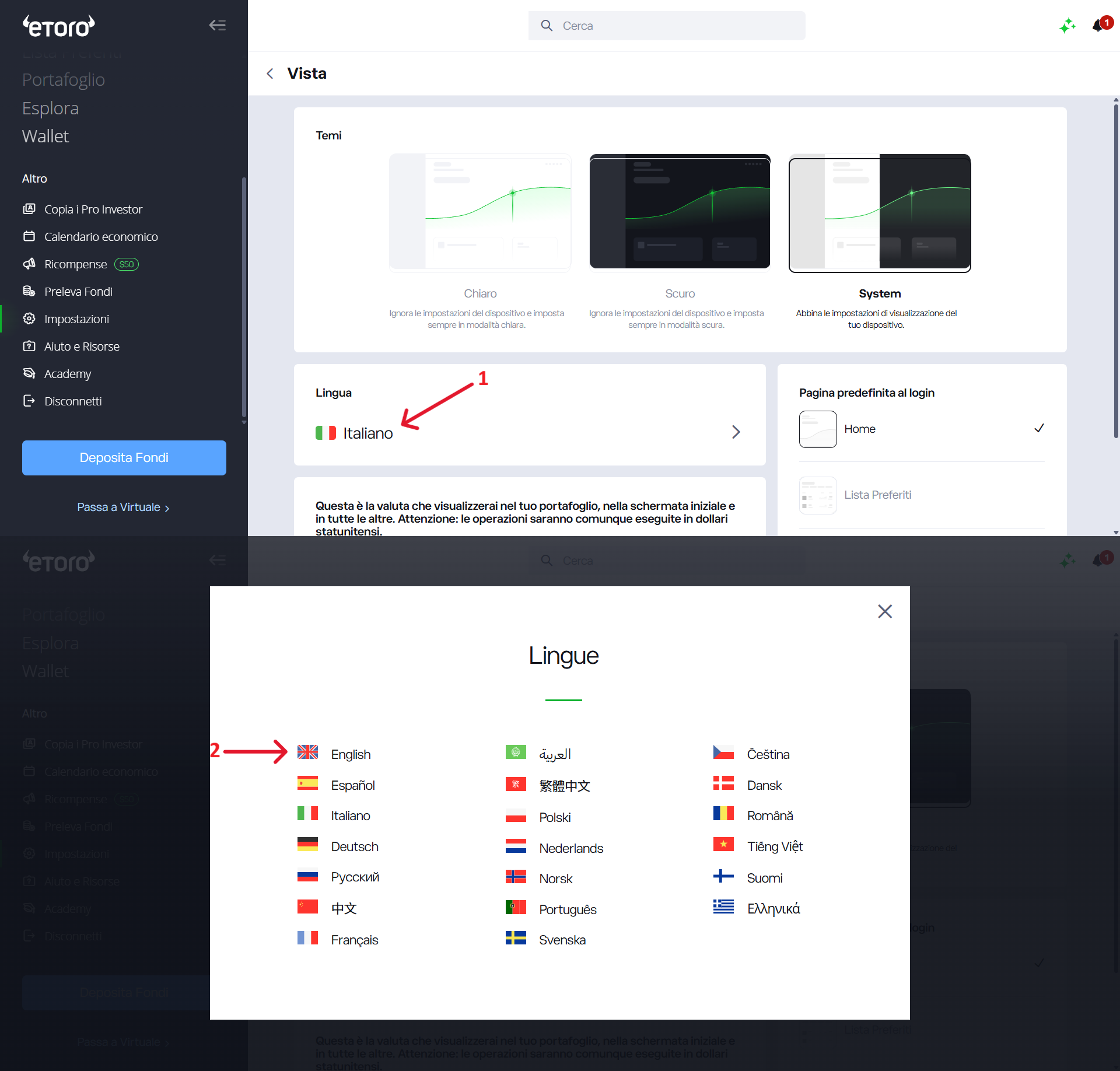 eToro - selezione Lingua da Italiano a English