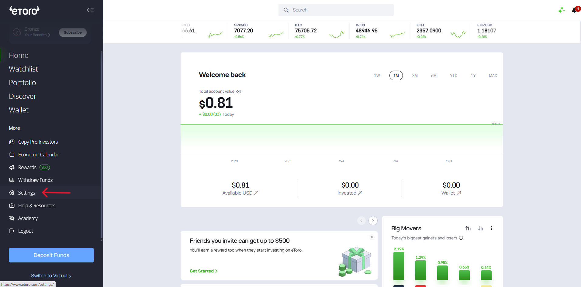 eToro - homepage in inglese con menu laterale e voce Settings evidenziata