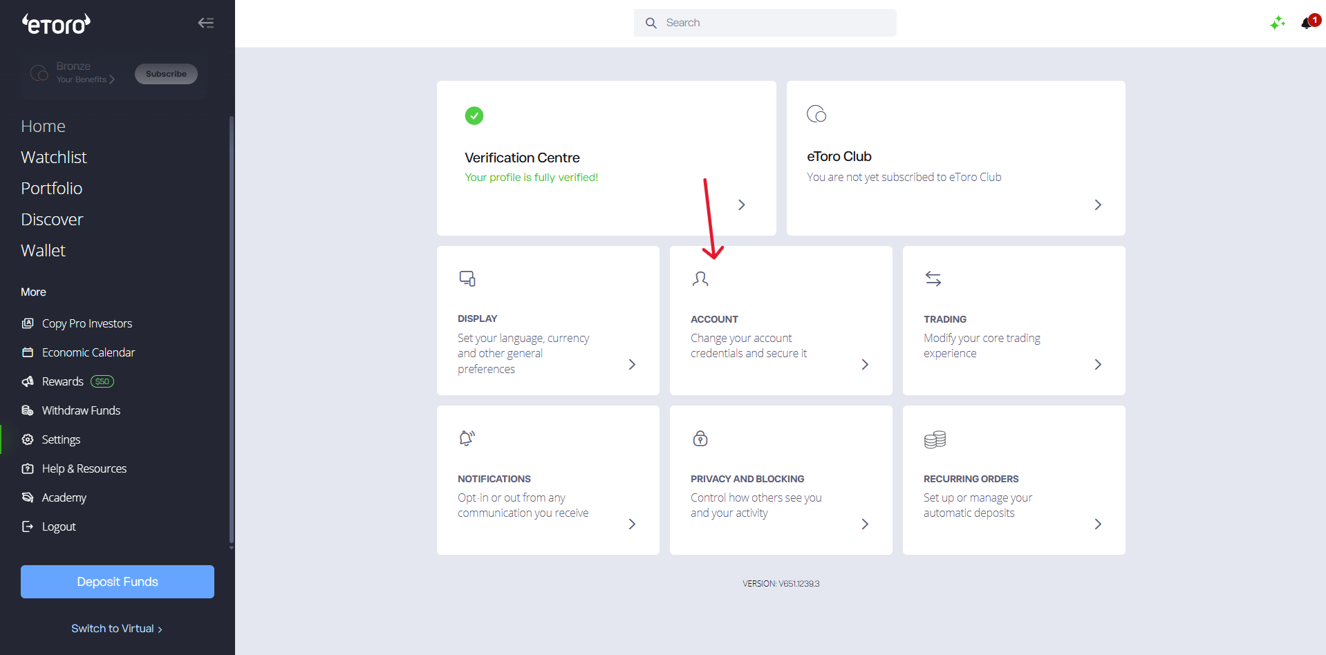 eToro - pagina Settings inglese con riquadro ACCOUNT evidenziato