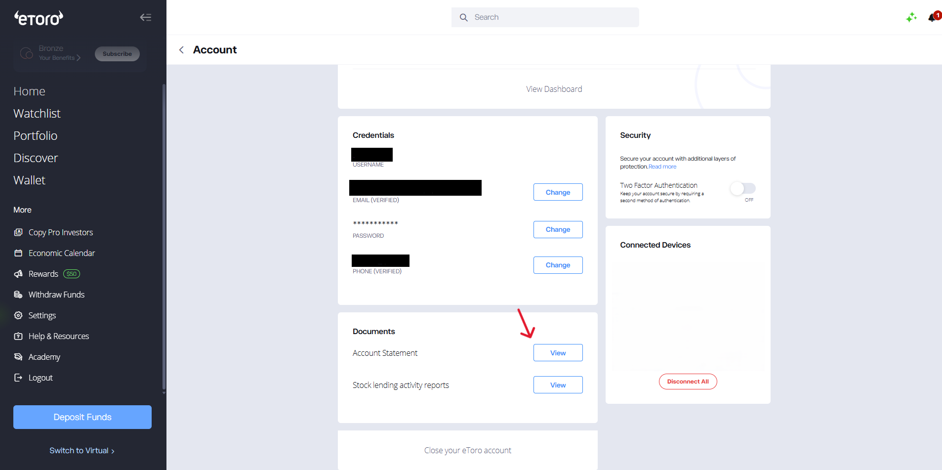 eToro - pagina Account con sezione Documents e pulsante View evidenziato
