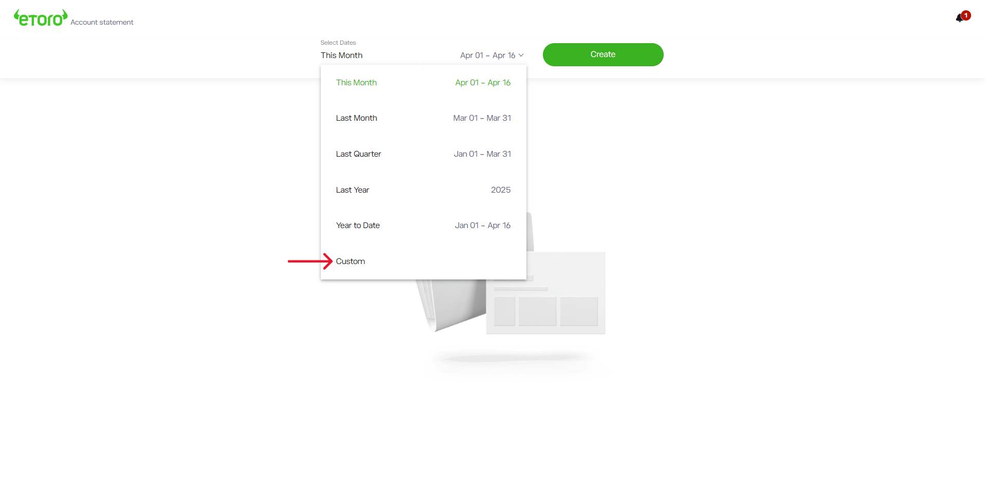 eToro - menu a tendina date con opzione Custom evidenziata