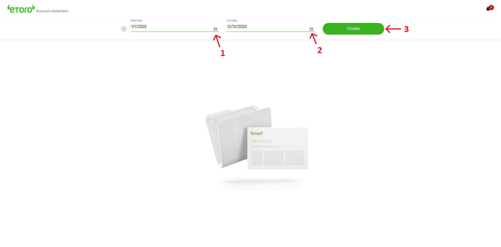 eToro - campi Start Date, End Date e pulsante Create