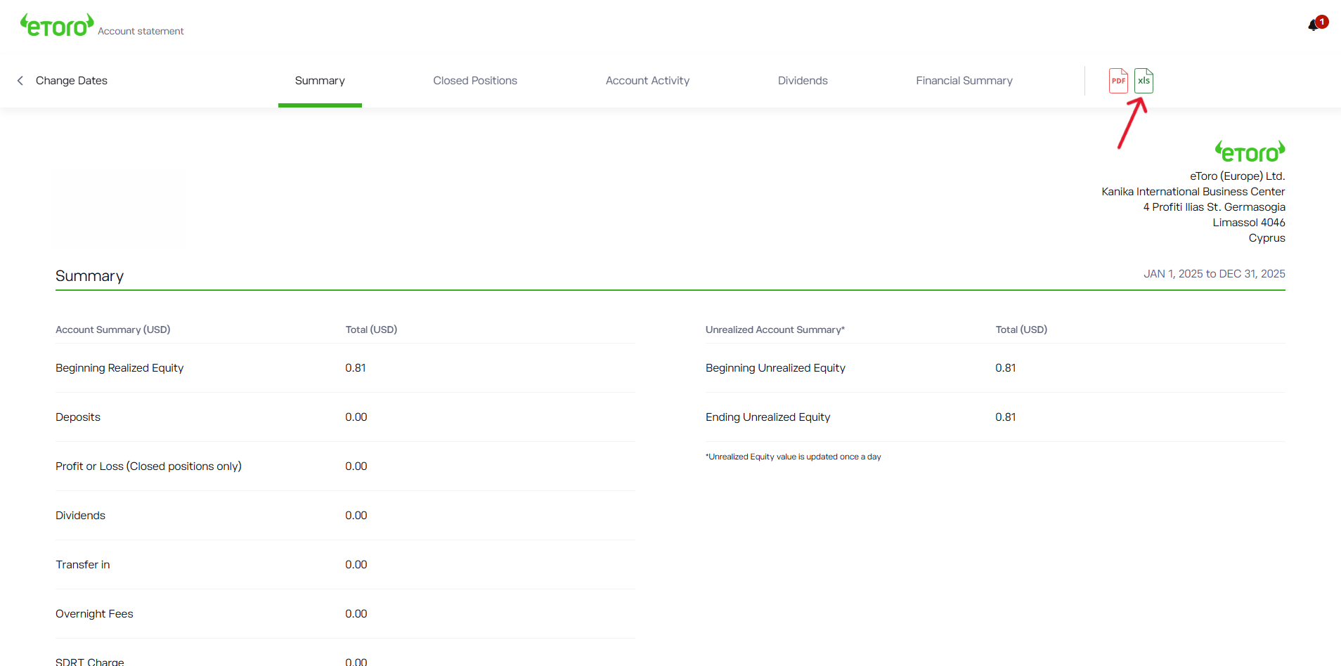 eToro - pagina Account statement con icona XLS evidenziata