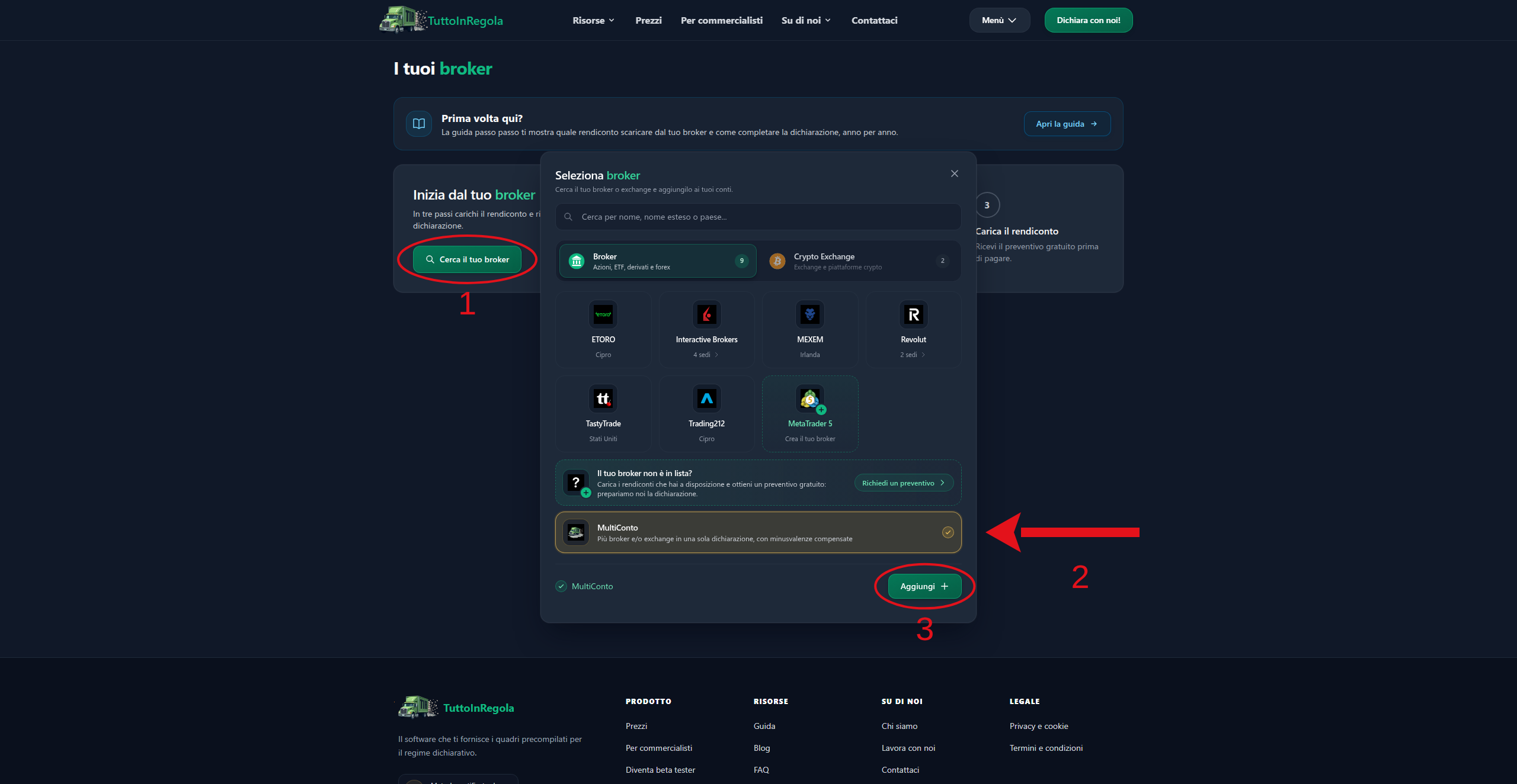 Pannello broker - Multiconto selezionato e pulsante Aggiungi
