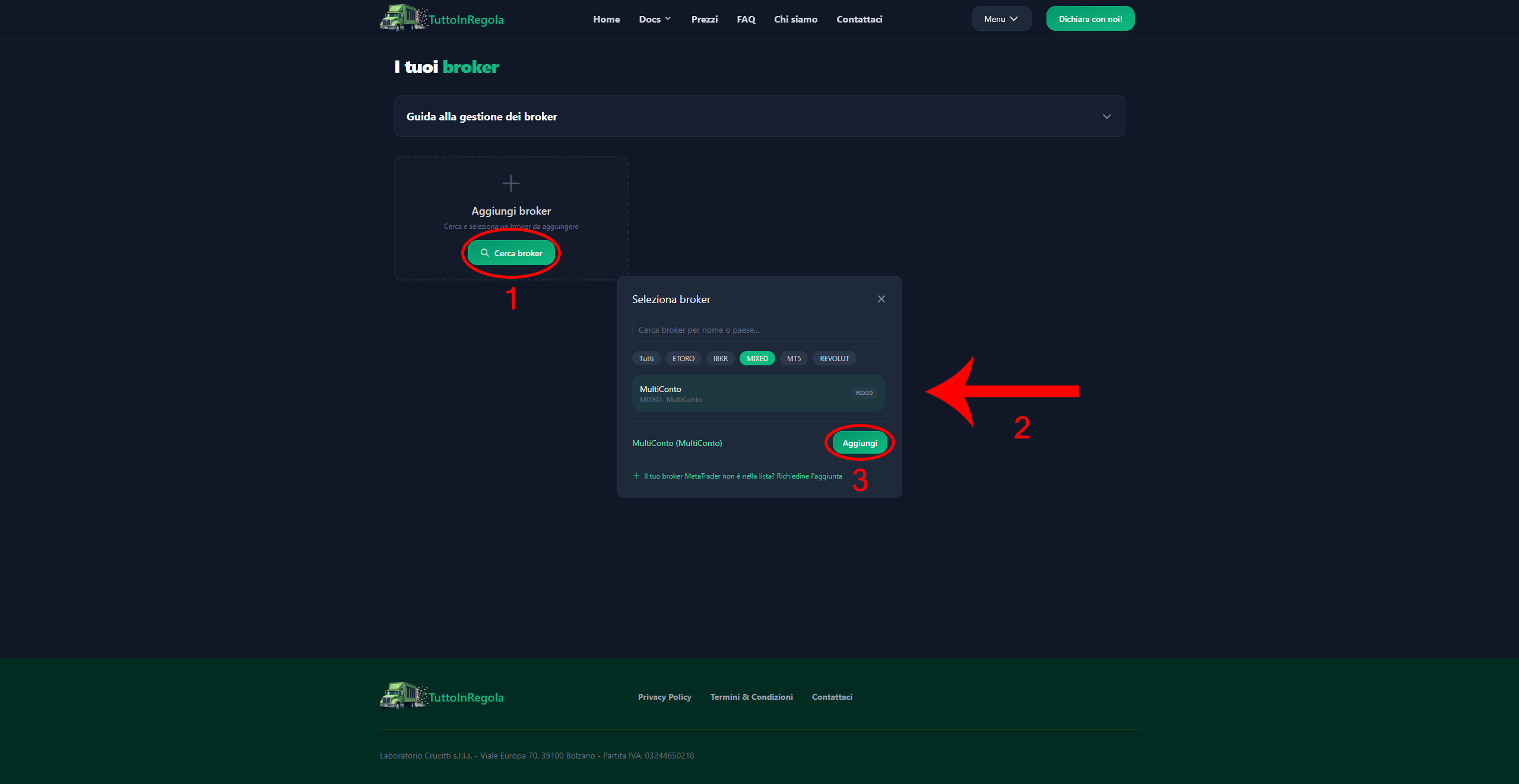 Pannello broker - Multiconto selezionato e pulsante Aggiungi