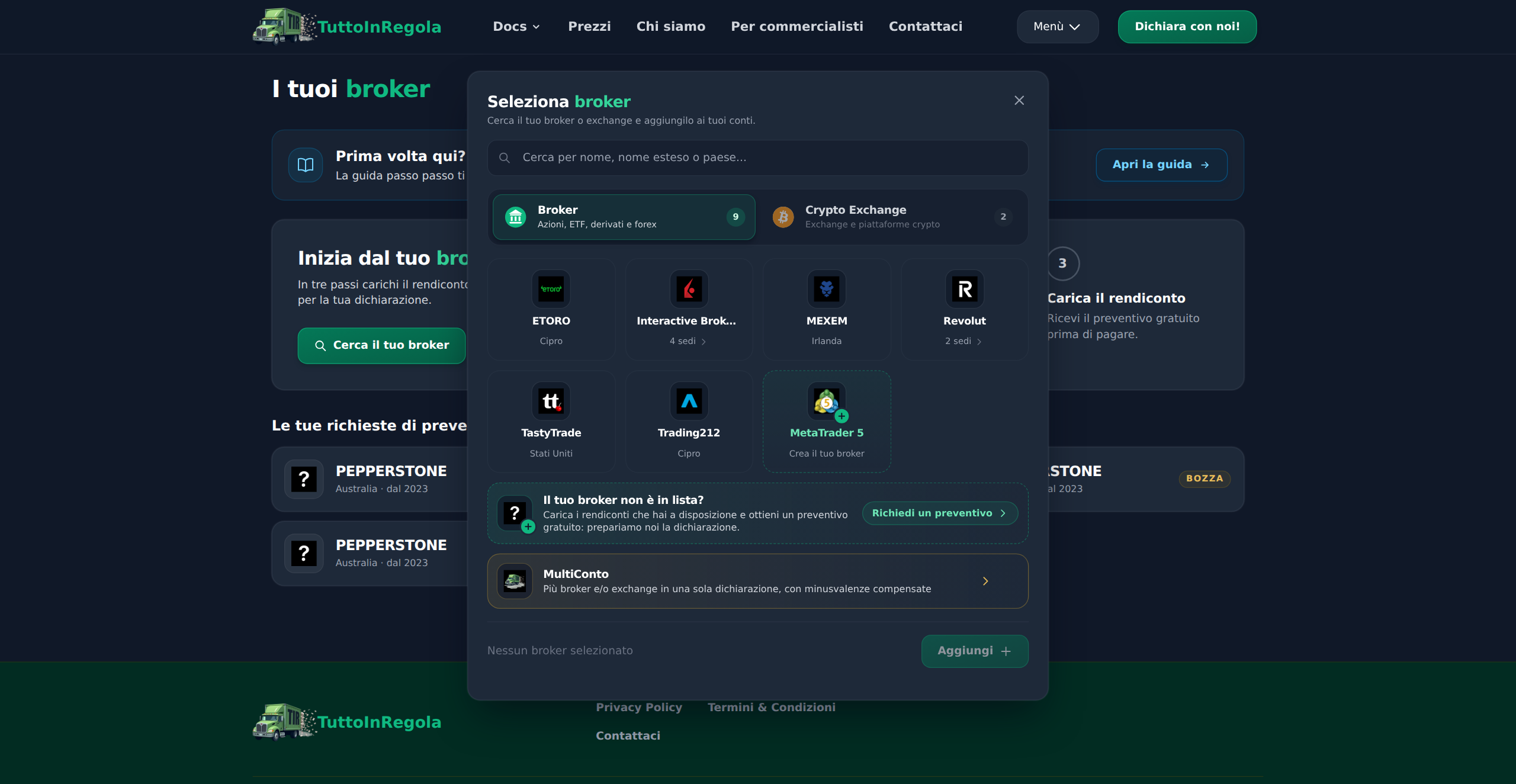 Pannello broker - riquadro Il tuo broker non è in lista e pulsante Richiedi un preventivo