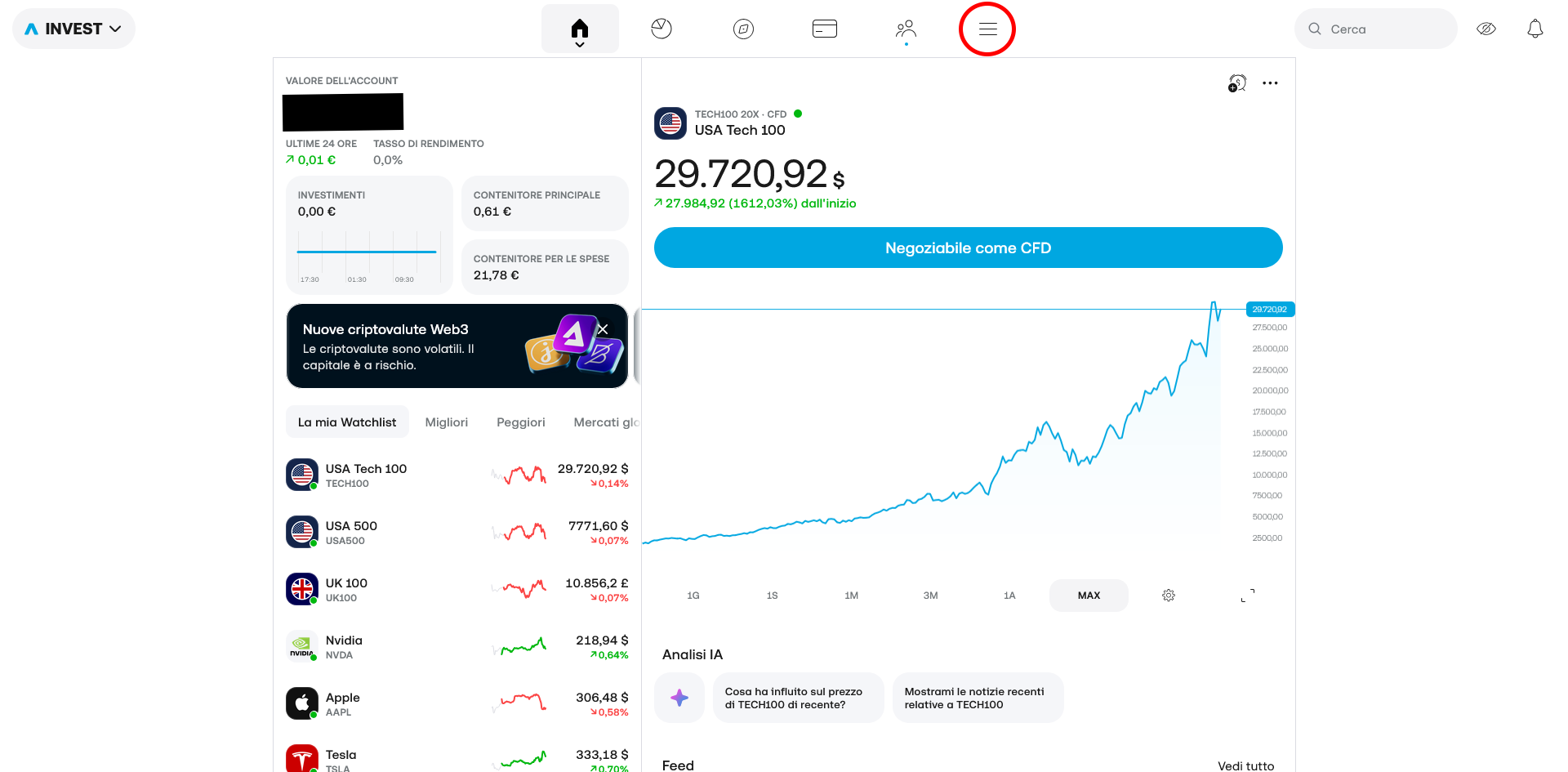 Trading 212 - schermata principale con l'icona del menù evidenziata in alto a destra