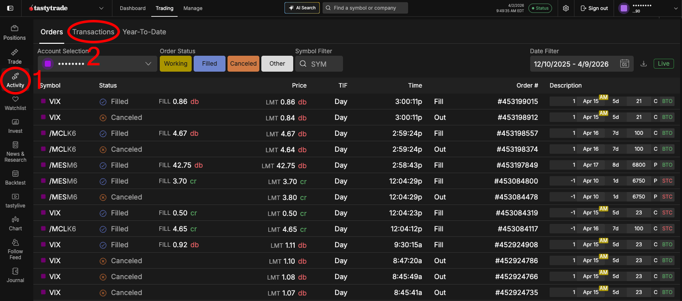 TastyTrade - menu laterale Activity e scheda Transactions