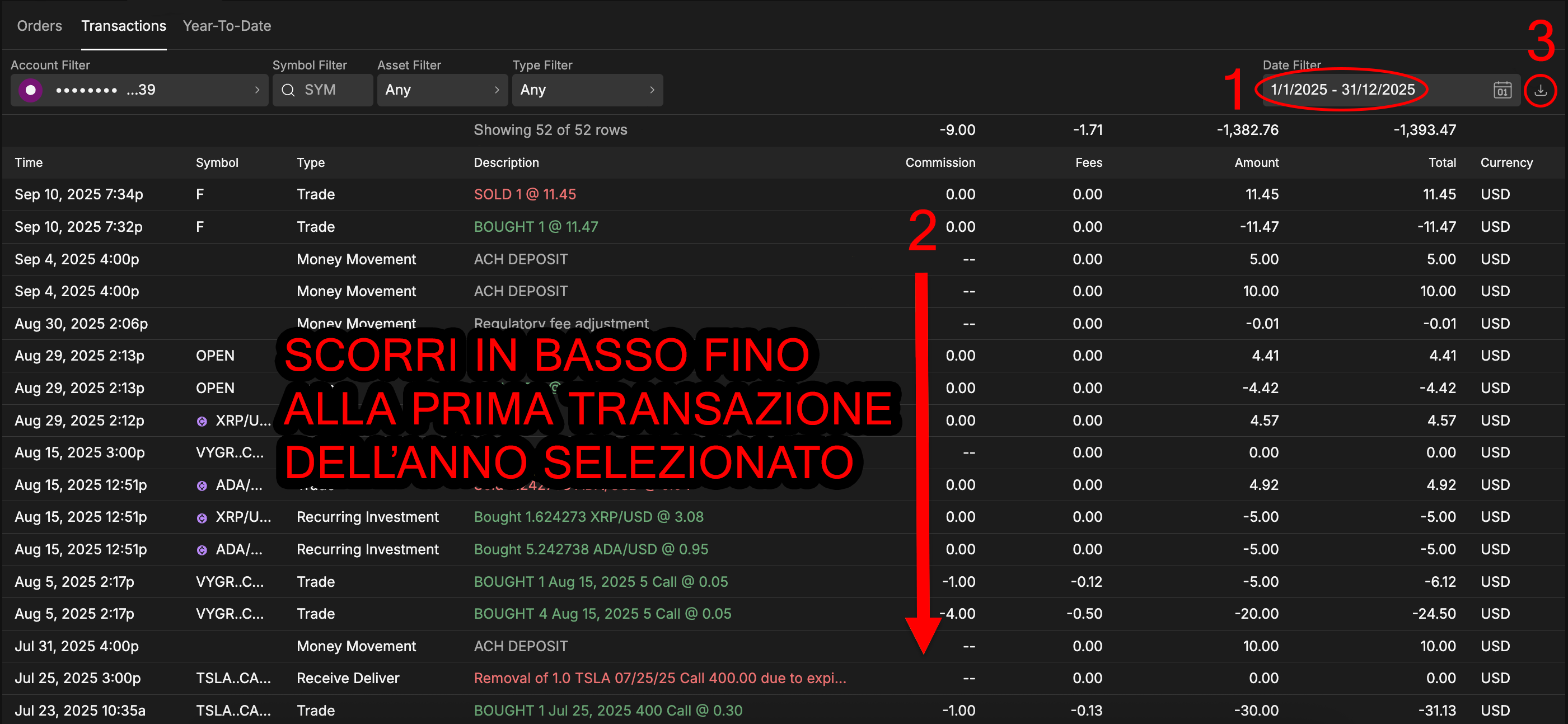 TastyTrade - filtro date sull'anno fiscale, scorrimento fino alla prima transazione e icona del download